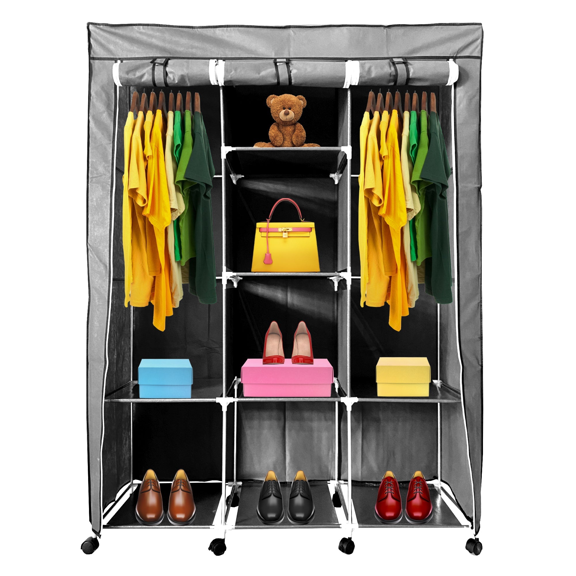 Vestidor de Tela con Cremallera y Ruedas  170x125x45cm, 6 compartimentos, 3 puertas, 2 roperos - Estilo Actual y Máxima Funcionalidad