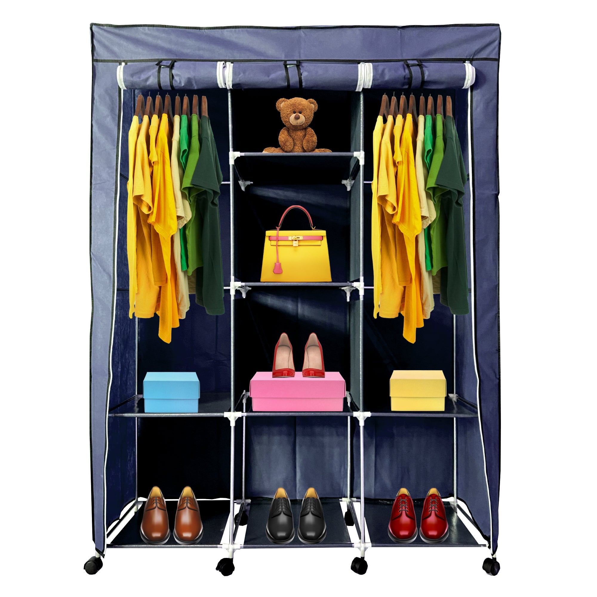 Vestidor de Tela con Cremallera y Ruedas  170x125x45cm, 6 compartimentos, 3 puertas, 2 roperos - Estilo Actual y Máxima Funcionalidad