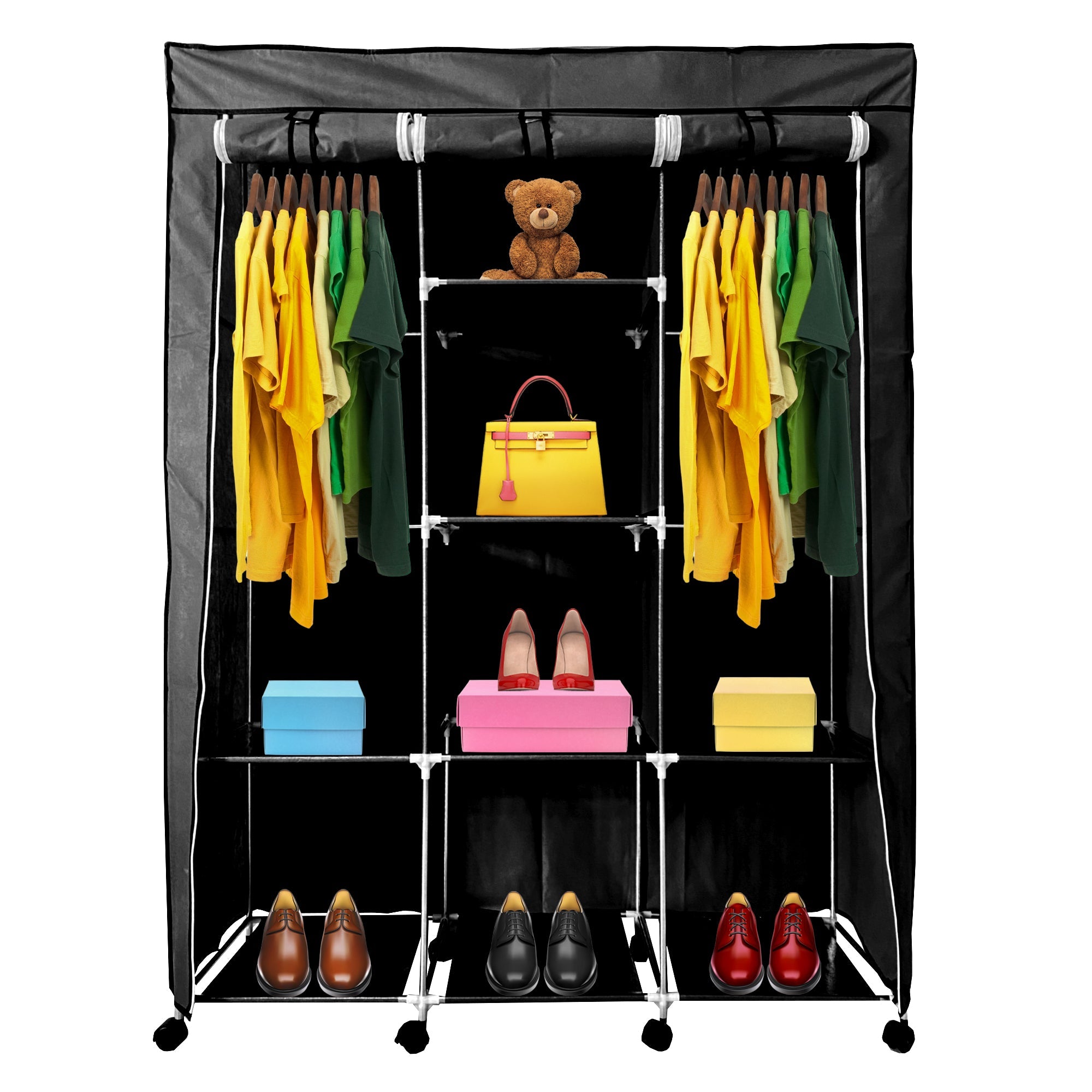 Vestidor de Tela con Cremallera y Ruedas  170x125x45cm, 6 compartimentos, 3 puertas, 2 roperos - Estilo Actual y Máxima Funcionalidad