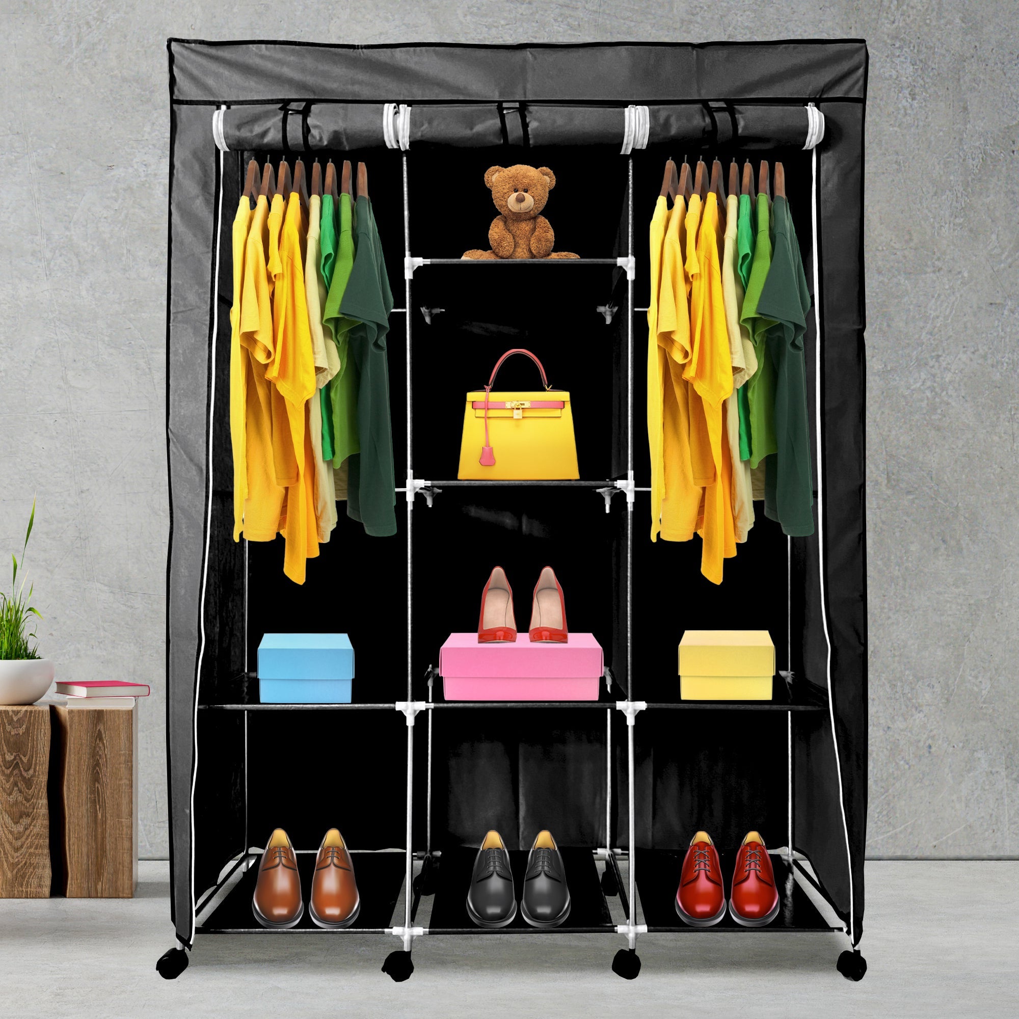 Vestidor de Tela con Cremallera y Ruedas  170x125x45cm, 6 compartimentos, 3 puertas, 2 roperos - Estilo Actual y Máxima Funcionalidad