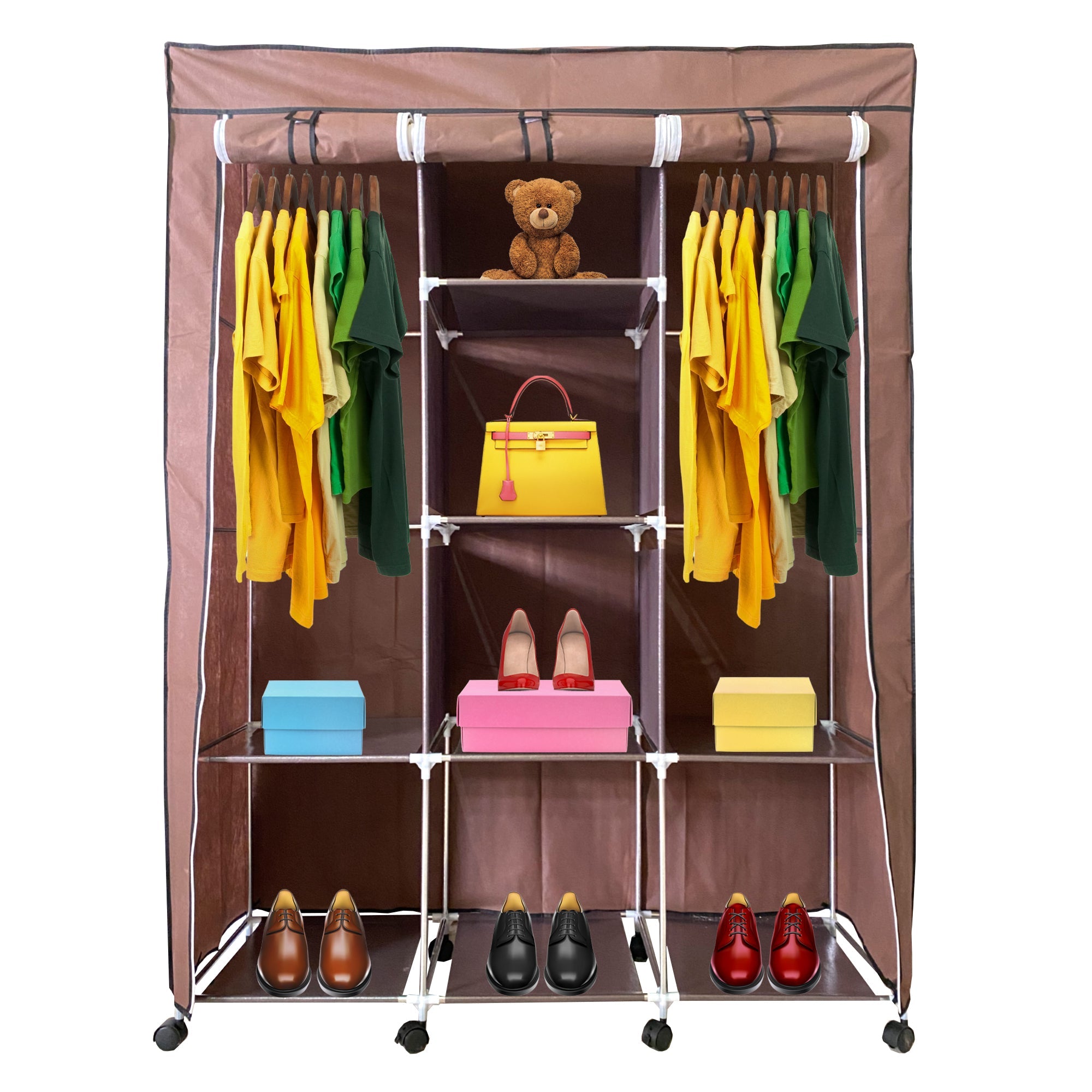 Vestidor de Tela con Cremallera y Ruedas  170x125x45cm, 6 compartimentos, 3 puertas, 2 roperos - Estilo Actual y Máxima Funcionalidad