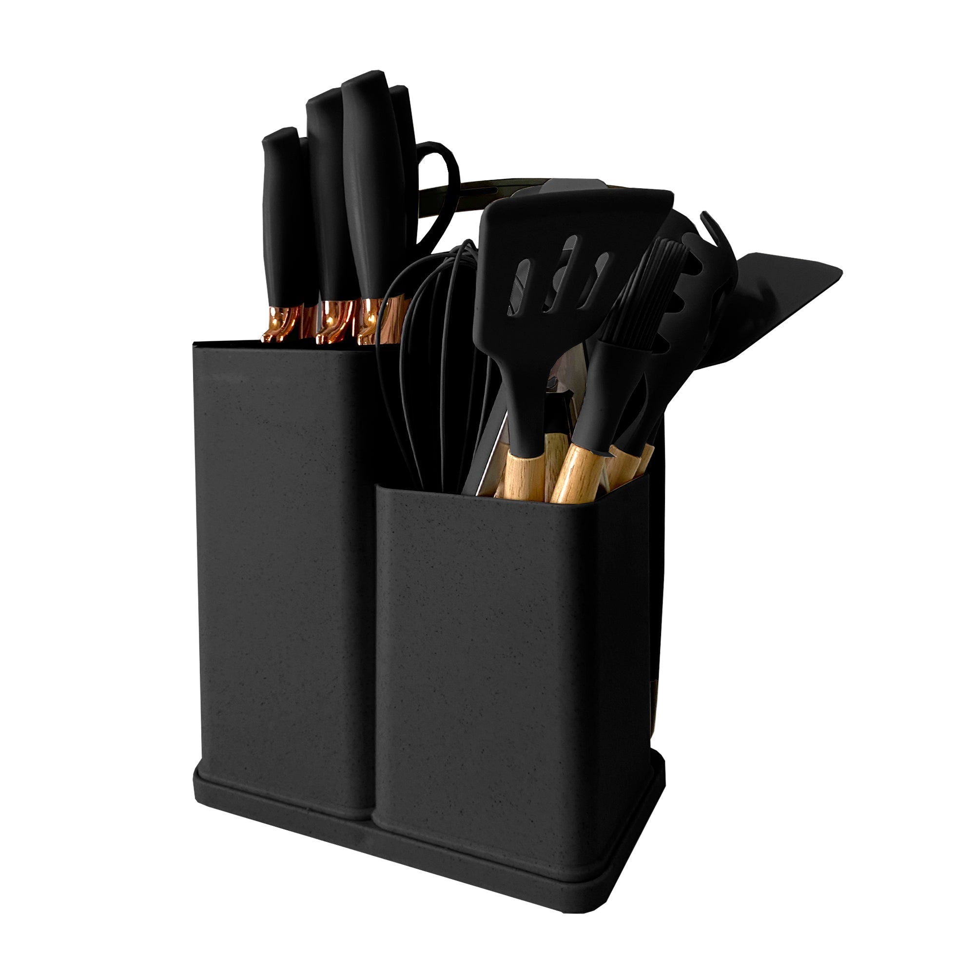 Set de Utensilios de Silicona y Madera 19 Piezas Nyana Home con Cuchillos y Tabla de Cortar - Diseño Moderno y Funcionalidad Extra
