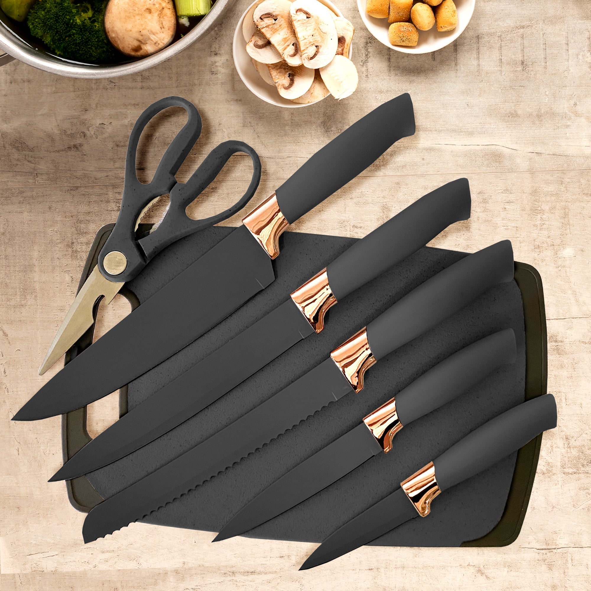 Set de Utensilios de Silicona y Madera 19 Piezas Nyana Home con Cuchillos y Tabla de Cortar - Diseño Moderno y Funcionalidad Extra - Paudan