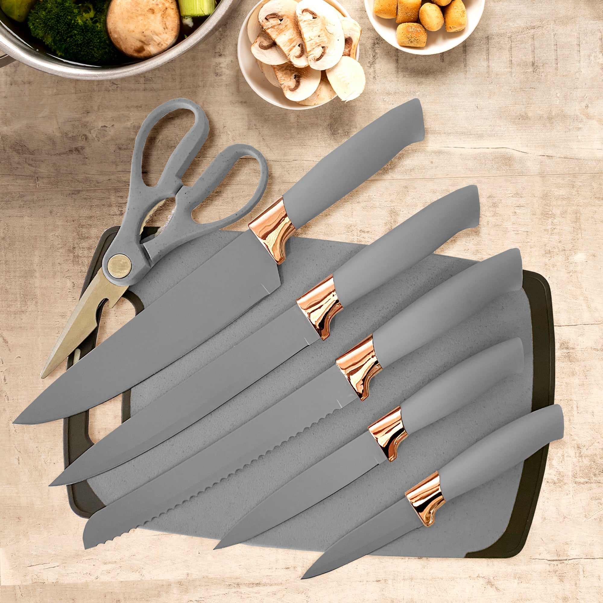 Set de Utensilios de Silicona y Madera 19 Piezas Nyana Home con Cuchillos y Tabla de Cortar - Diseño Moderno y Funcionalidad Extra