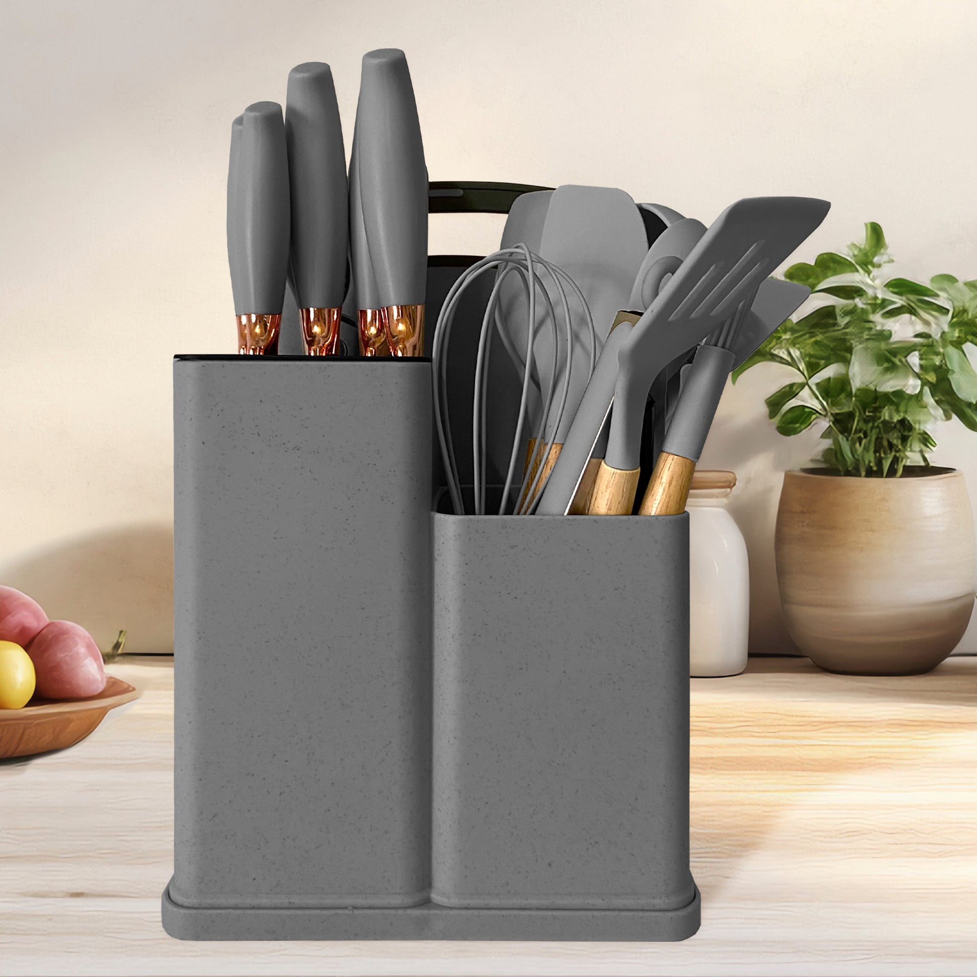 Set de Utensilios de Silicona y Madera 19 Piezas Nyana Home con Cuchillos y Tabla de Cortar - Diseño Moderno y Funcionalidad Extra