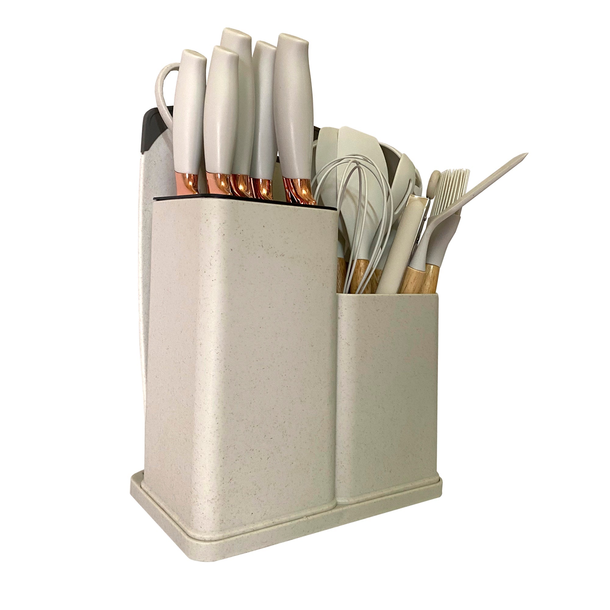 Set de Utensilios de Silicona y Madera 19 Piezas Nyana Home con Cuchillos y Tabla de Cortar - Diseño Moderno y Funcionalidad Extra