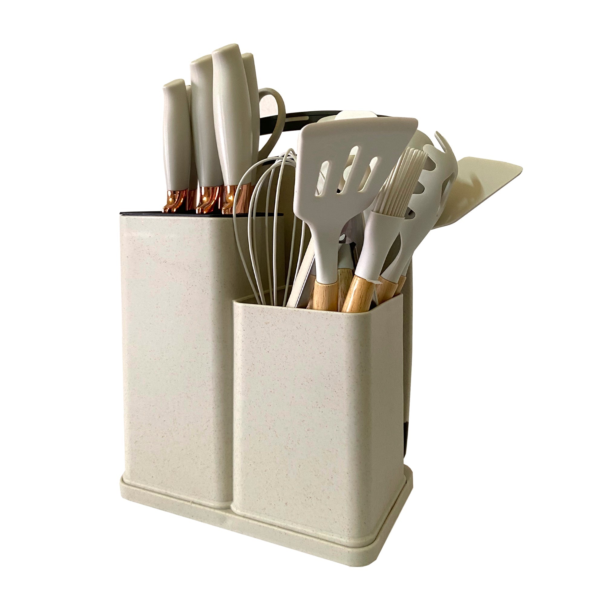 Set de Utensilios de Silicona y Madera 19 Piezas Nyana Home con Cuchillos y Tabla de Cortar - Diseño Moderno y Funcionalidad Extra