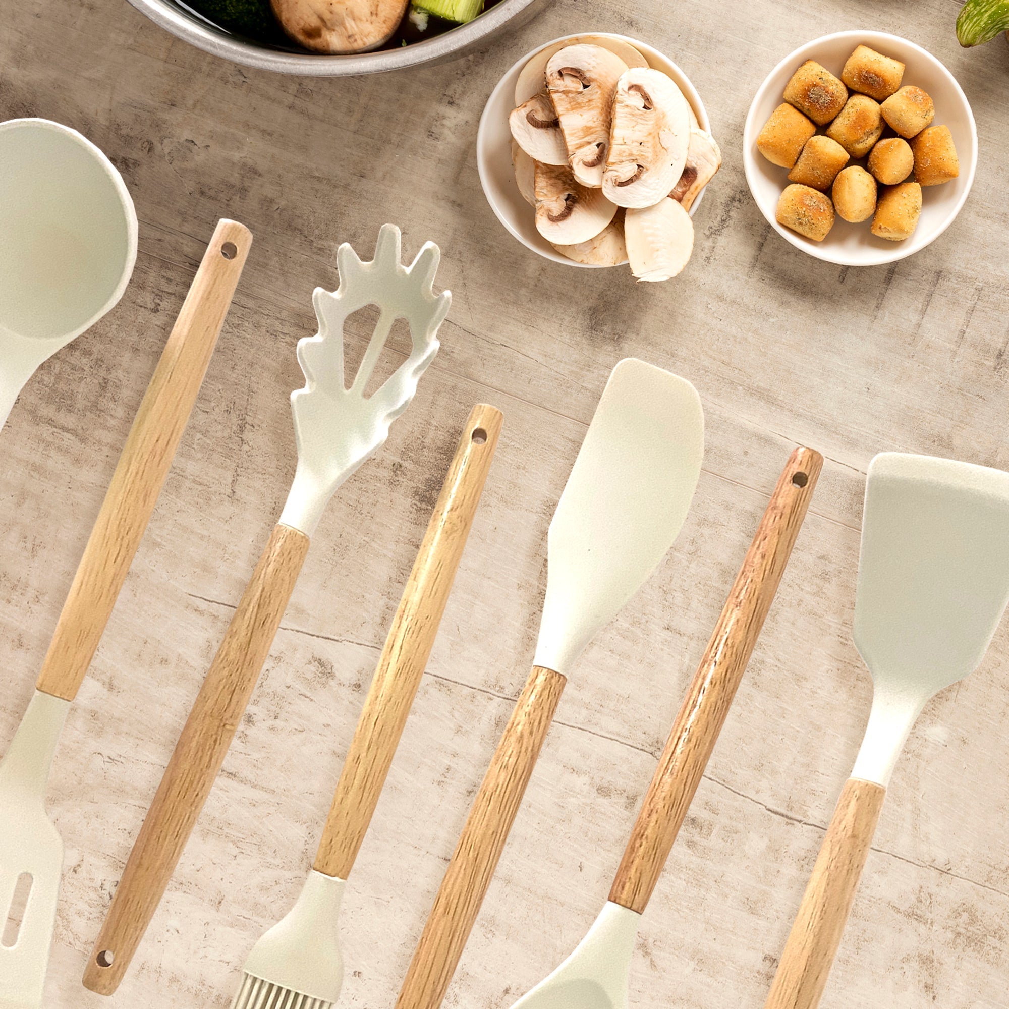 Set de Utensilios de Silicona y Madera 19 Piezas Nyana Home con Cuchillos y Tabla de Cortar - Diseño Moderno y Funcionalidad Extra