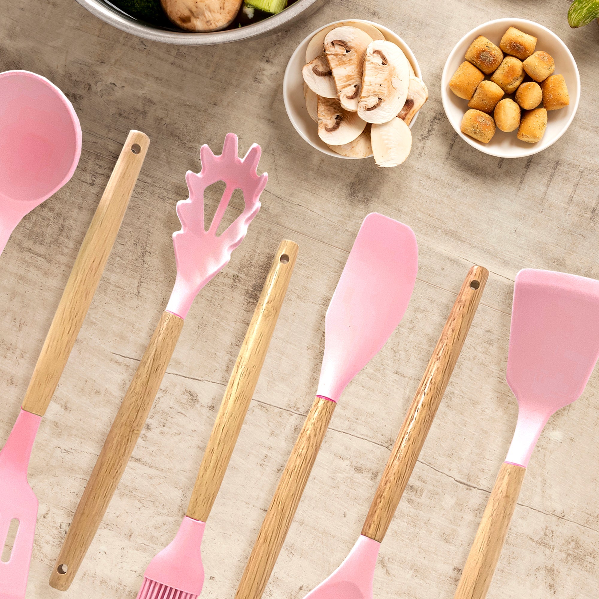 Set de Utensilios de Silicona y Madera 19 Piezas Nyana Home con Cuchillos y Tabla de Cortar - Diseño Moderno y Funcionalidad Extra