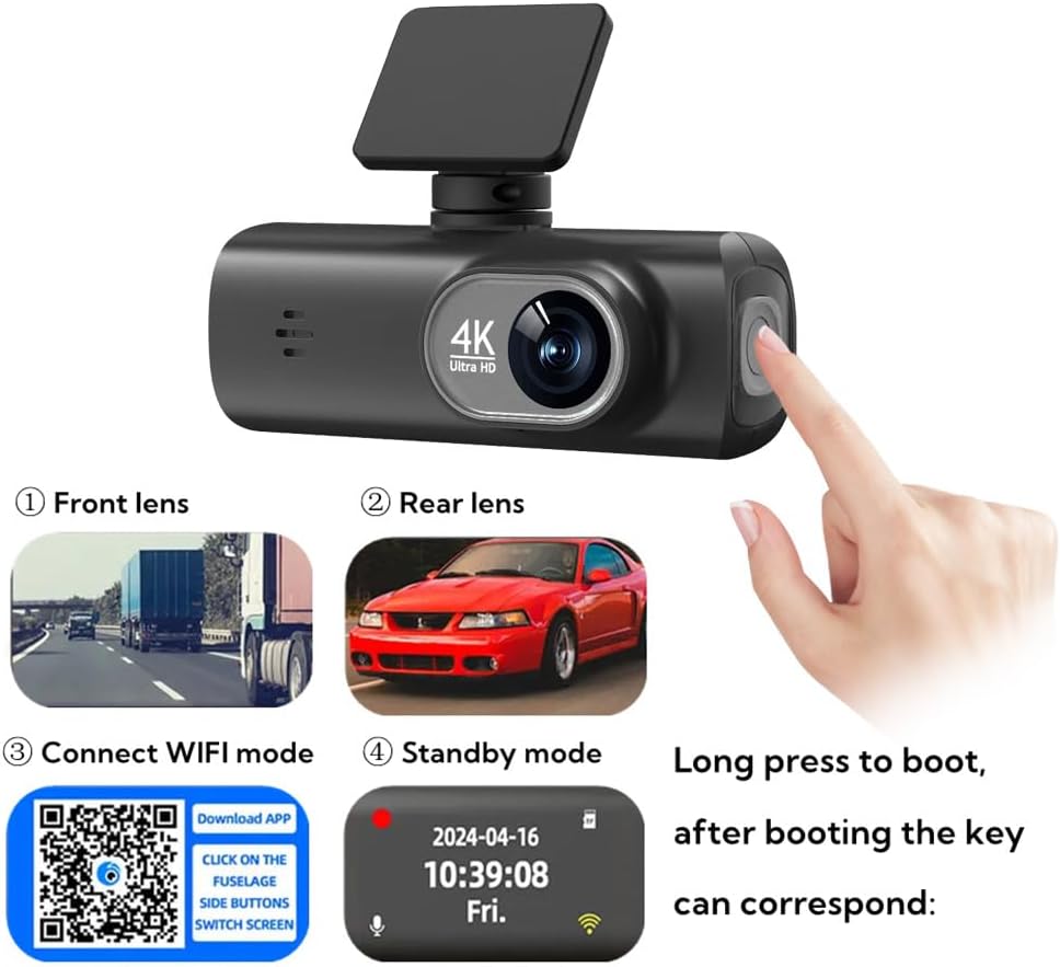 Cámara de Salpicadero 4K con GPS y WiFi para Coche - Dashcam Doble con Visión Nocturna, Grabación en Bucle y Monitor de Estacionamiento 24H