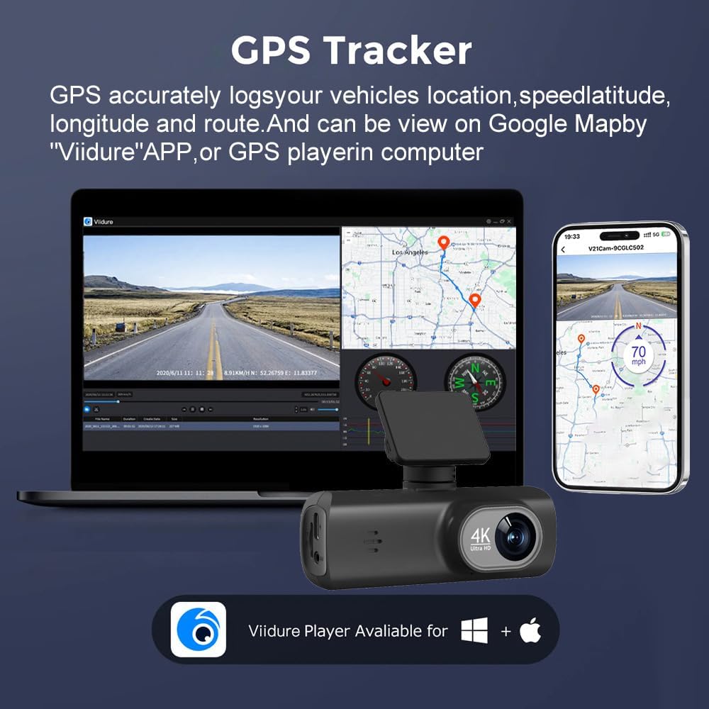 Cámara de Salpicadero 4K con GPS y WiFi para Coche - Dashcam Doble con Visión Nocturna, Grabación en Bucle y Monitor de Estacionamiento 24H