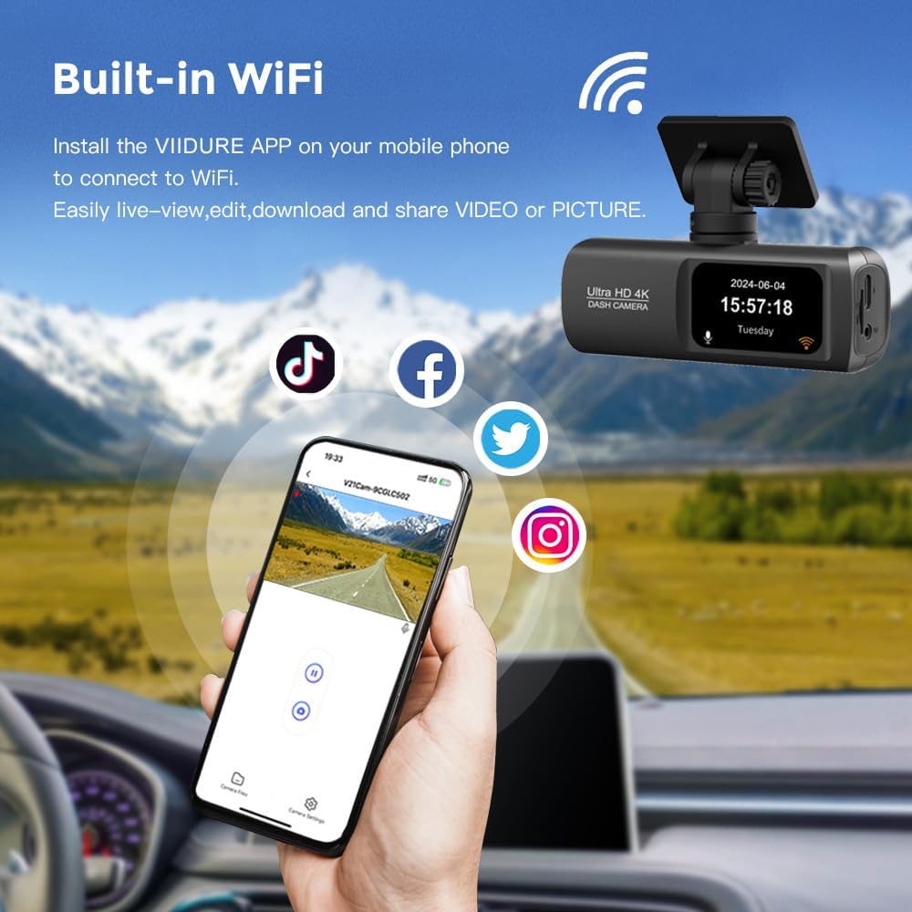 Cámara de Salpicadero 4K con GPS y WiFi para Coche - Dashcam Doble con Visión Nocturna, Grabación en Bucle y Monitor de Estacionamiento 24H
