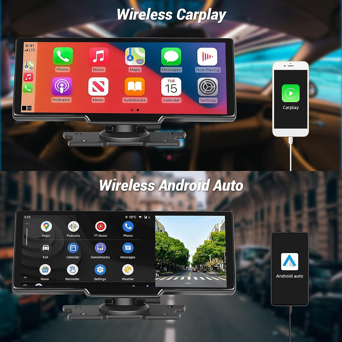 Pantalla Táctil Inalámbrica Compatible Apple Carplay y Android Auto 9.3 Pulgadas