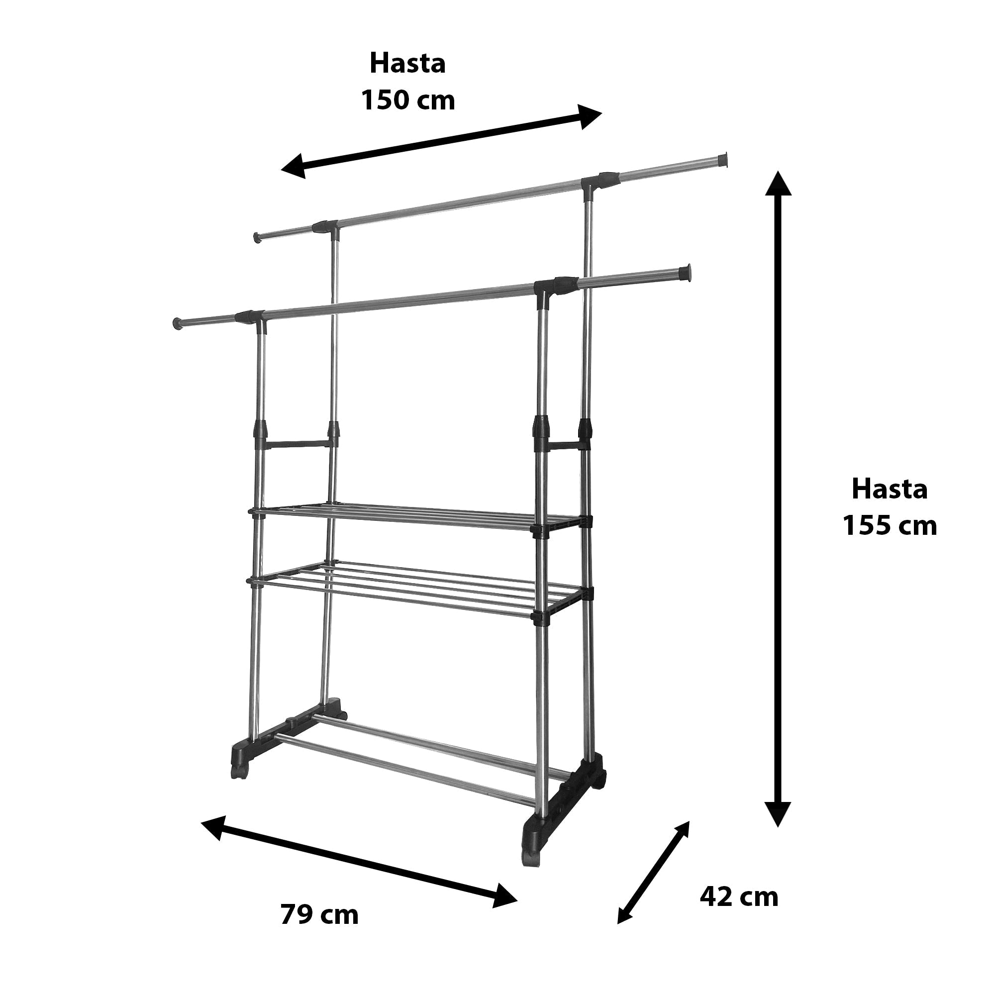 Perchero Burro Maxi metálico con ruedas Nyana Home 155x79x42 cm Organizacion y colgador de Ropa 2 Alturas Espacio Inferior para Zapatos Alas Exteriores Exentislbes hasta 150 cm - Diseño Moderno y Funcionalidad Extra - Paudan