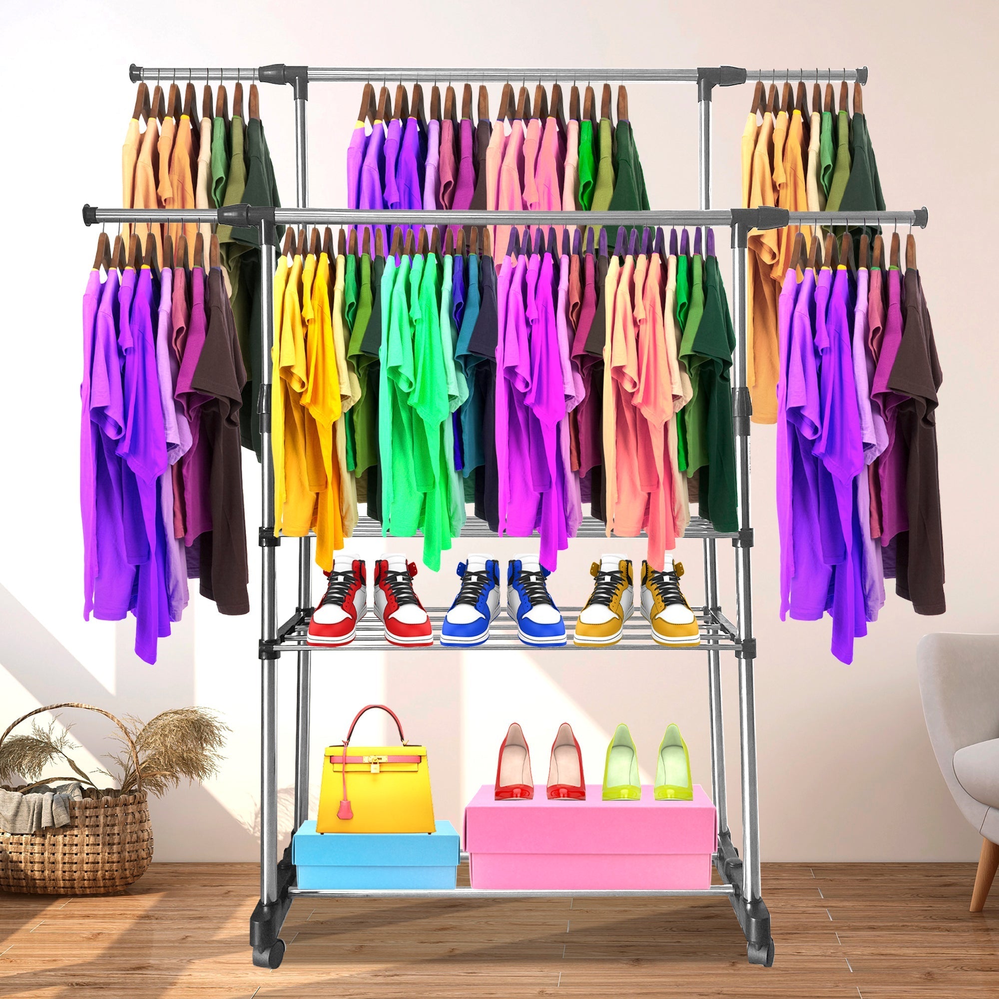 Perchero Burro Maxi metálico con ruedas Nyana Home 155x79x42 cm Organizacion y colgador de Ropa 2 Alturas Espacio Inferior para Zapatos Alas Exteriores Exentislbes hasta 150 cm - Diseño Moderno y Funcionalidad Extra - Paudan