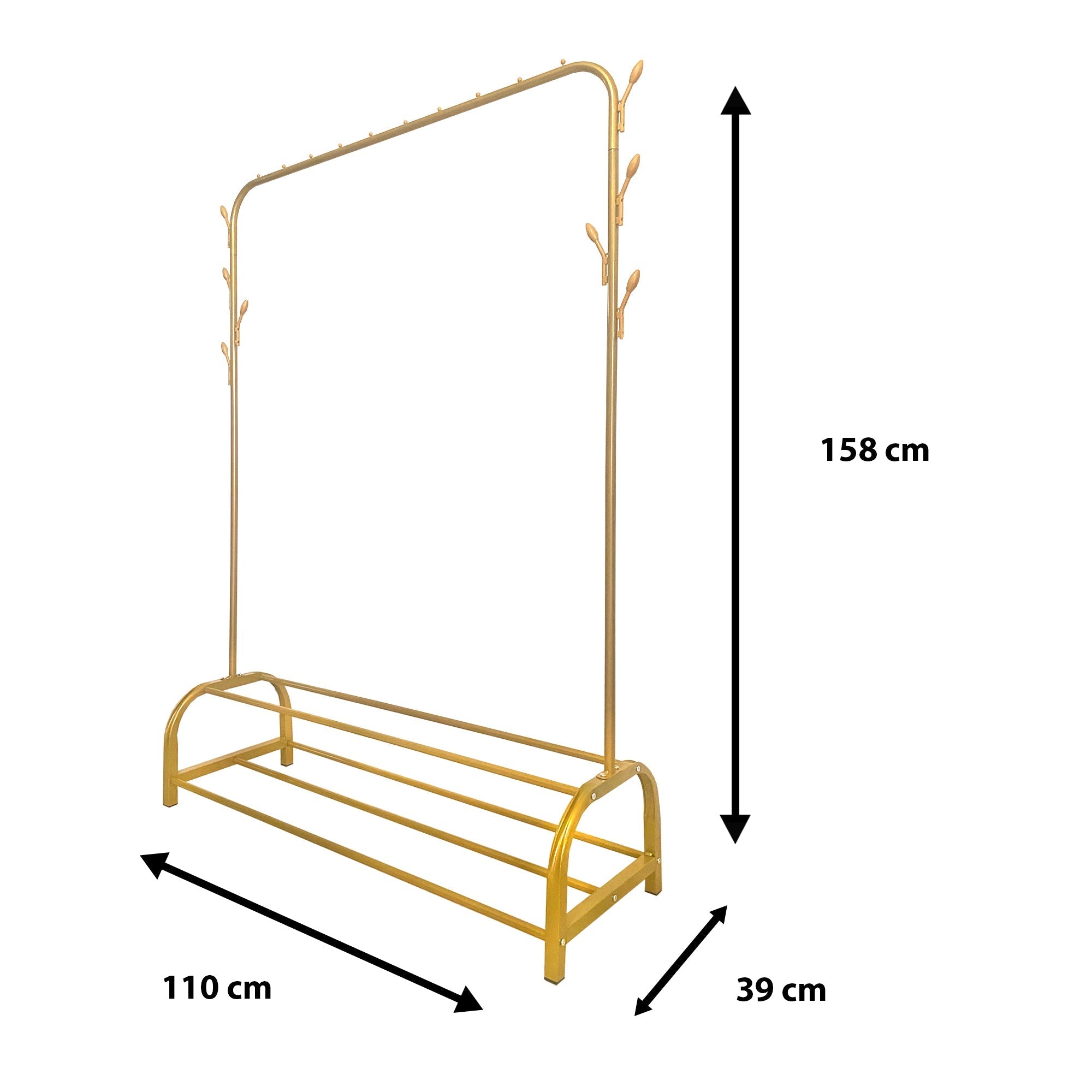 Perchero Burro Premium Rack 2 Stand Nyana Home 158x110x39cm, 1 barra para colgar, 8 ganchos laterales, 2 baldas inferiores - Diseño Moderno y Funcionalidad Extra - Paudan