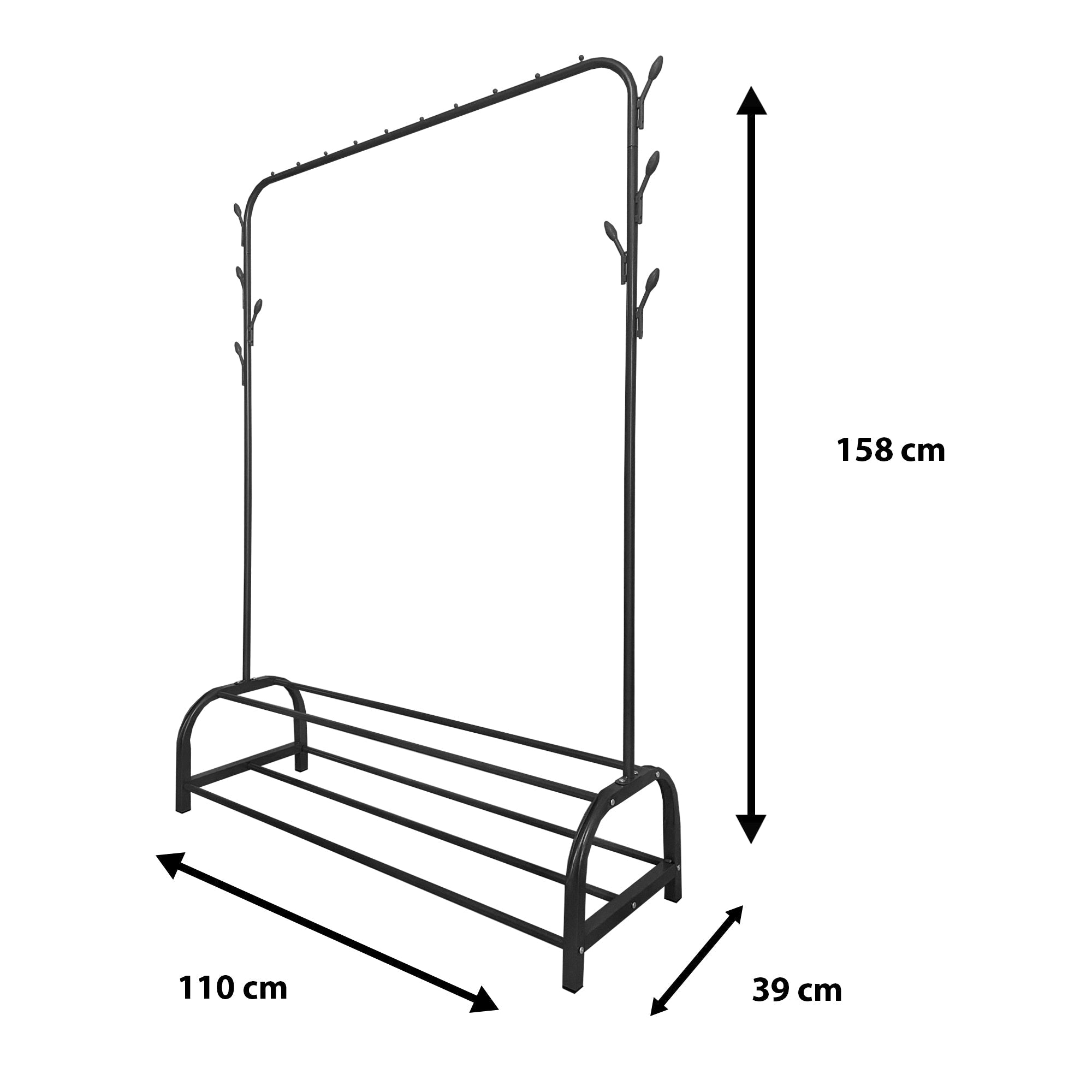 Perchero Burro Premium Rack 2 Stand Nyana Home 158x110x39cm, 1 barra para colgar, 8 ganchos laterales, 2 baldas inferiores - Diseño Moderno y Funcionalidad Extra - Paudan
