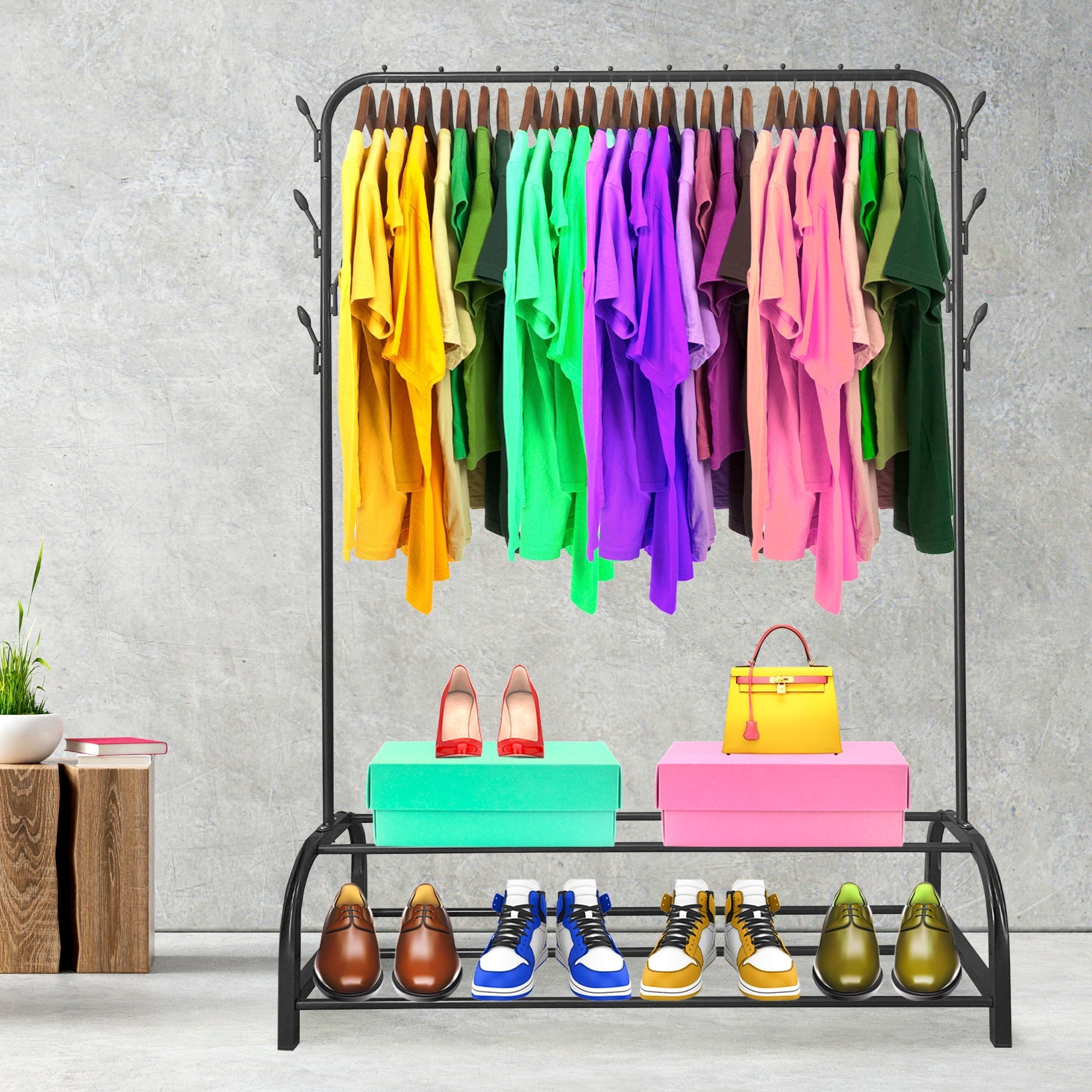 Perchero Burro Premium Rack 2 Stand Nyana Home 158x110x39cm, 1 barra para colgar, 8 ganchos laterales, 2 baldas inferiores - Diseño Moderno y Funcionalidad Extra - Paudan