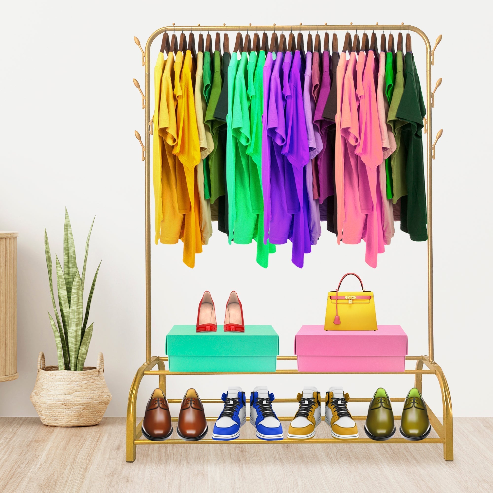Perchero Burro Premium Rack 2 Stand Nyana Home 158x110x39cm, 1 barra para colgar, 8 ganchos laterales, 2 baldas inferiores - Diseño Moderno y Funcionalidad Extra - Paudan